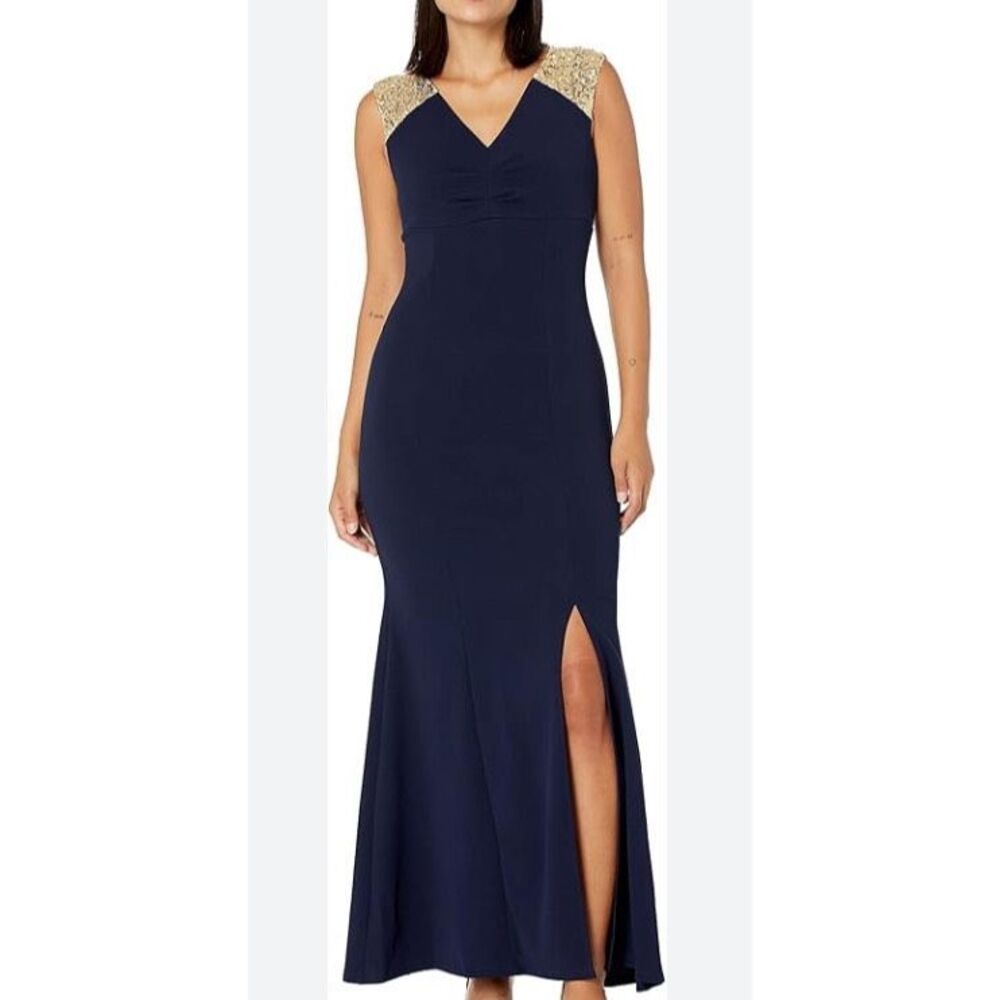 SLNY sleeveless navy bodycon gown with gold shoulder accents - 12